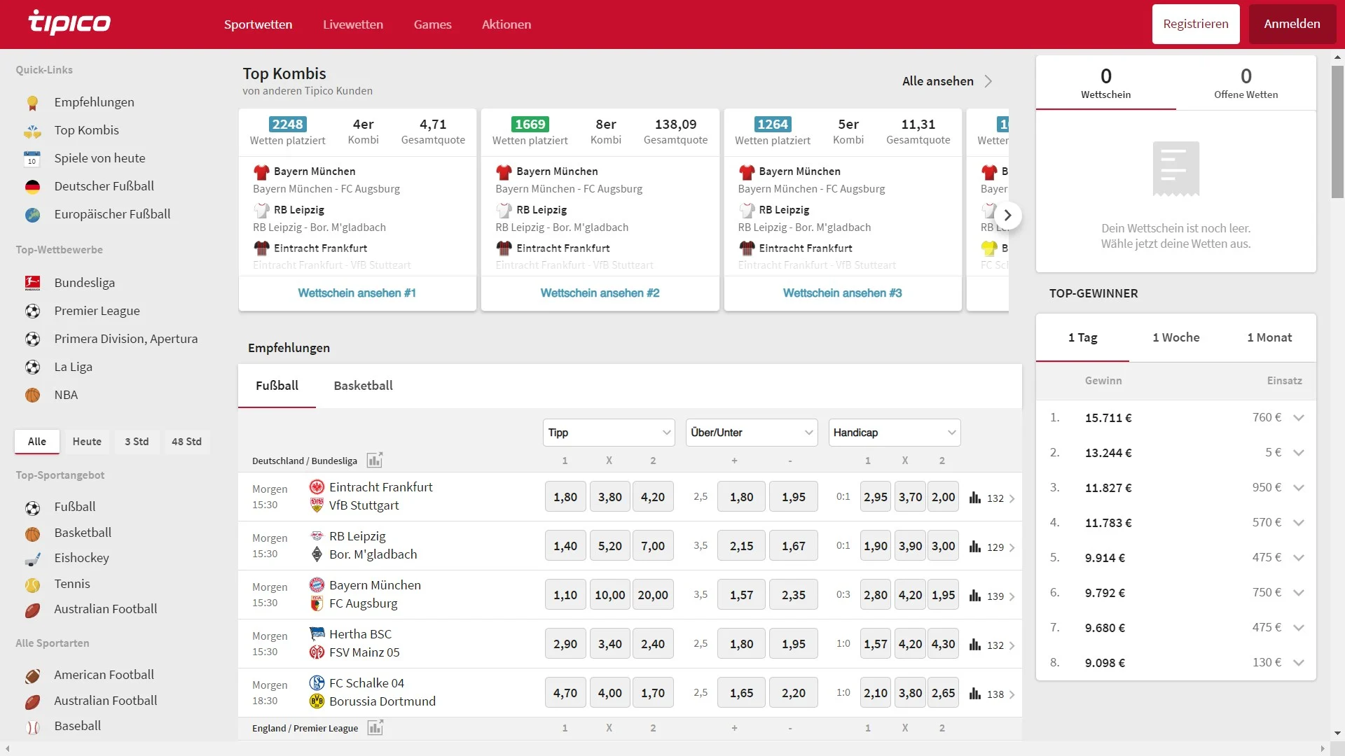 Tipico Sportwetten Desktop Oberfläche auf Deutsch